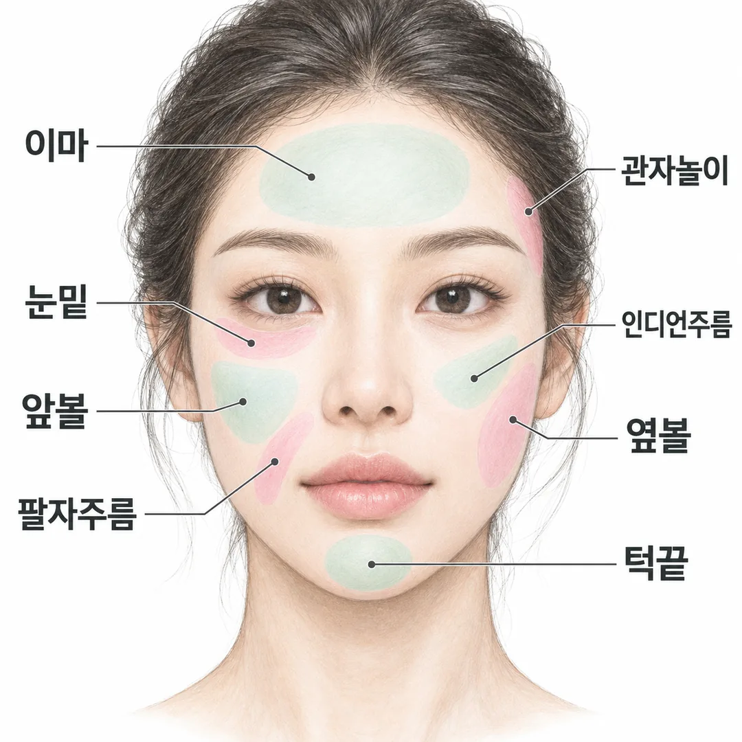 정면 얼굴 스케치의 필러 부위 안내: 이마, 관자놀이, 눈밑, 인디언주름, 앞볼, 옆볼, 팔자주름, 턱끝